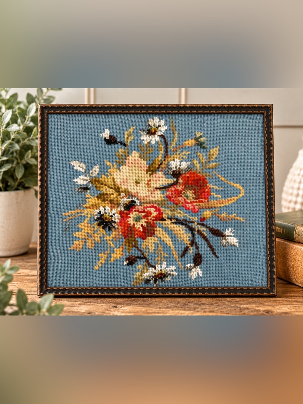 Vintage Style Framed Floral Needlepoint Wall Art – 12” x 10”